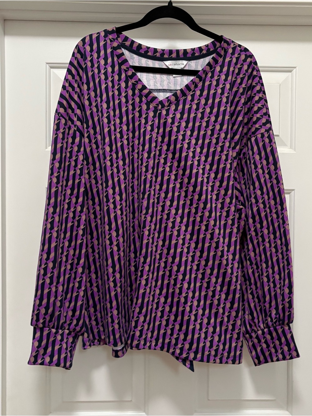 Liz Claiborne 3X Top Purple Violet Geometric Heavy Knit V-Neck Belt Long Sleeve